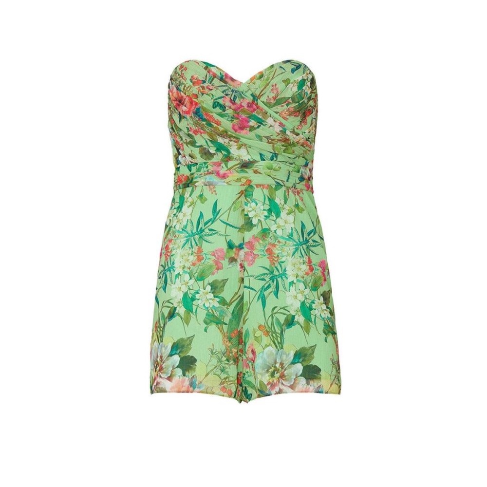 JAYGODFREY Lydia Green Floral Print Strapless Sweetheart Romper